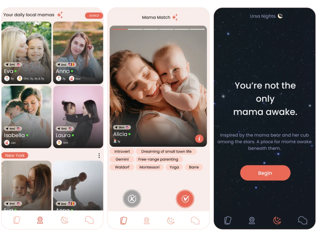 Three MamaMeet app screens: daily local moms, a Mama Match profile with shared interests, and Ursa Nights for moms awake at night